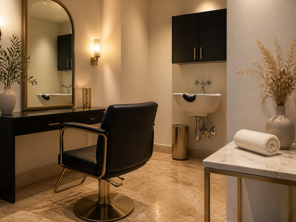 Move-in ready Legacy suite — chair, mirror, shampoo bowl, prepared for first client