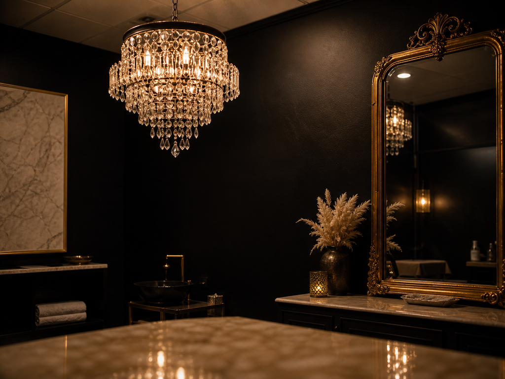 Quiet treatment suite with chandelier glow and gold-framed mirror