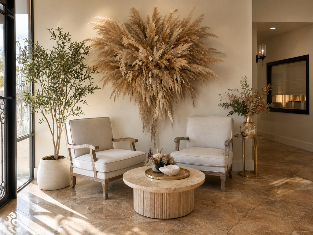 Common-area sitting nook with pampas grass, olive tree, cream chairs